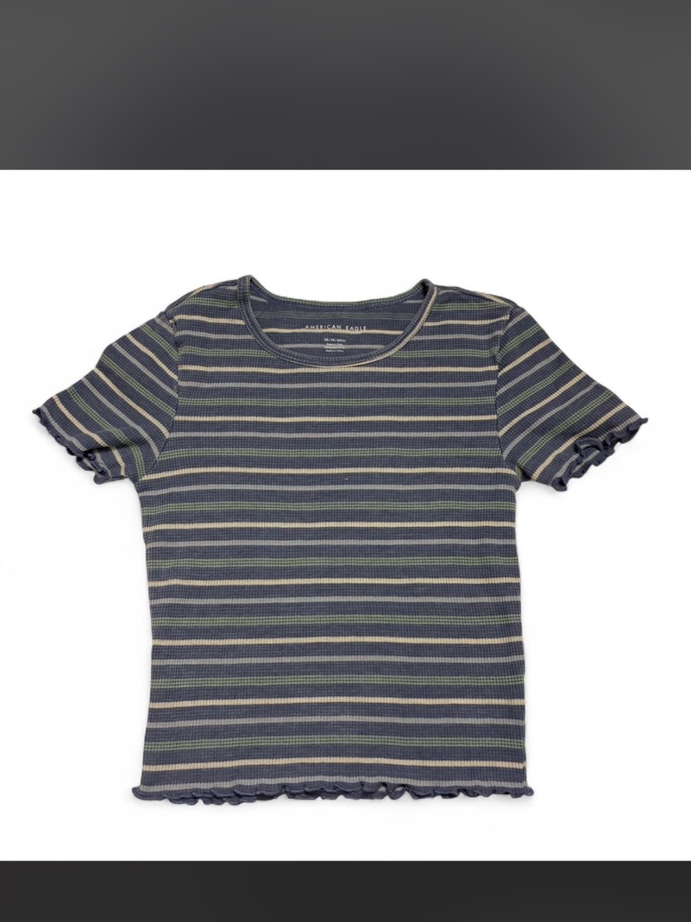 AMERICAN EAGLE- blue striped baby tee with ruffle hem- Size: XS.